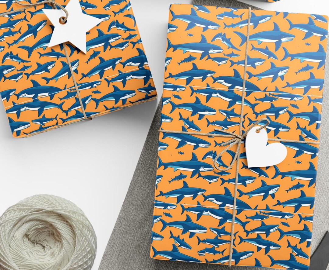 Vintage Retro Shark Wrapping Paper | Blue and Orange Shark Gift Wrap ...
