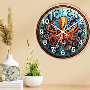 Stained Glass Octopus Wall Clock: Nautical Ocean Decor