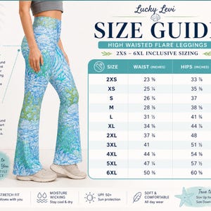 May include: High-waisted flare leggings with a blue and green seashell pattern. The image includes a size guide with waist and hip measurements in inches for sizes 2XS to 6XL. The leggings are designed for comfort and style.