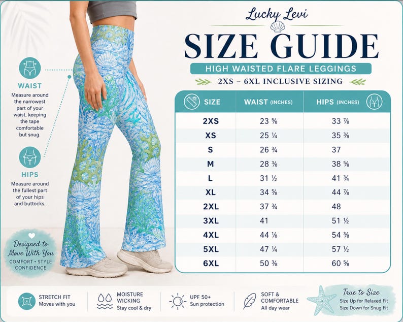 May include: High-waisted flare leggings with a blue and green seashell pattern. The image includes a size guide with waist and hip measurements in inches for sizes 2XS to 6XL. The leggings are designed for comfort and style.