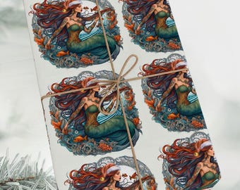 Christmas Mermaid Wrapping Paper, Holiday Gift Wrap Ocean Theme, Coastal Christmas Gift Wrap, Mermaid Christmas Decor, Sea Lover Gift Wrap