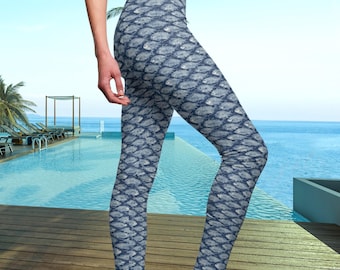 Blue Fish Leggings Womens Mid Rise Coastal Leggings Ocean Print Beach Leggings Nautical Pants Fishing Leggings Gift
