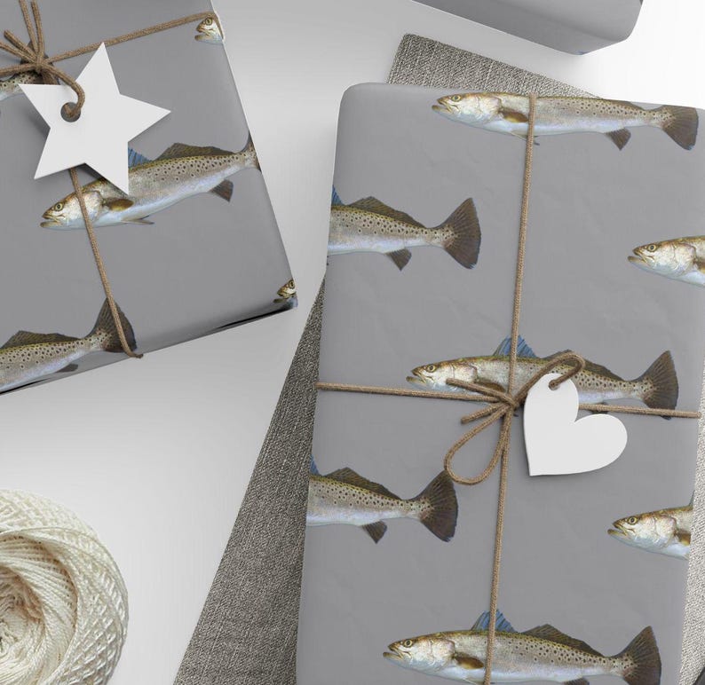 Papel de regalo para pesca de trucha, papel de regalo para pescadores, papel de regalo para amantes de la naturaleza, papel de regalo para pesca con mosca, papel de regalo de cumpleaños para pescadores, regalo de pesca imagen 1