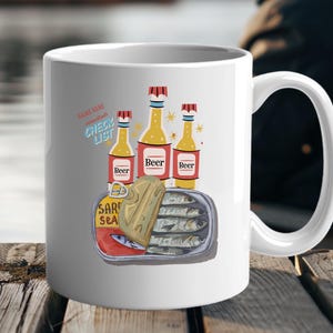 Personalized Retro Sardines and Beer Coffee Mug, Funny Fishing Gift for Dad, Fishermen and Seafood Lovers, Vintage Fishing Aesthetic Cup