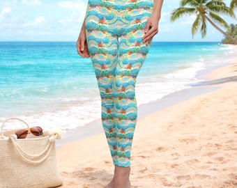 Leggings de mujer con estampado de tortugas marinas, tiro medio, pantalones de yoga playeros, leggings con estampado de vida marina en tonos aguamarina, ropa deportiva náutica, conjunto para vacaciones de verano.