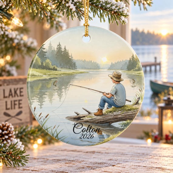 Personalized Boy Fishing Ornament, Custom Kids Fishing Christmas Gift, Ceramic Fisherman Keepsake, Child Ornament 2025, Stocking Stuffer