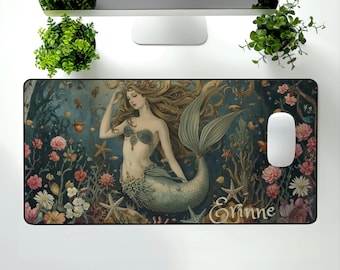 Alfombrilla de escritorio de sirena personalizada, decoración de oficina costera, alfombrilla de ratón de fantasía oceánica, regalo personalizado con nombre para ella, ilustración de sirena para casa de playa