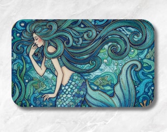 Mermaid Bath Mat, Coastal Ocean Bathroom Rug, Blue Green Fantasy Mermaid Decor, Memory Foam Non Slip Bath Rug
