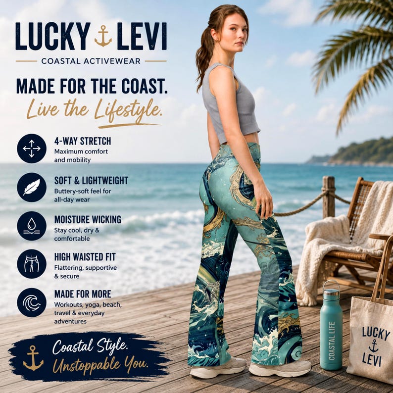 May include: A woman wearing high-waisted leggings with a blue and gold wave pattern, paired with a gray tank top. The leggings are from Lucky & Levi, a coastal activewear brand. The image includes text that says "Coastal Style. Unstoppable You."