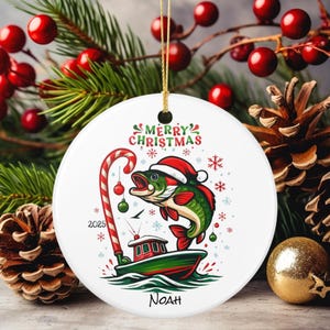 Personalized Christmas Fishing Ornament: Ceramic Holiday Decor