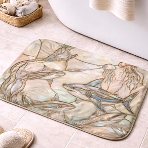 Puede incluir: Una alfombra de baño rectangular con un diseño de vida marina. La alfombra presenta tiburones, medusas y una manta raya en un estilo de vidriera. La paleta de colores incluye tonos de azul, beige y dorado, creando un acento decorativo para el baño.