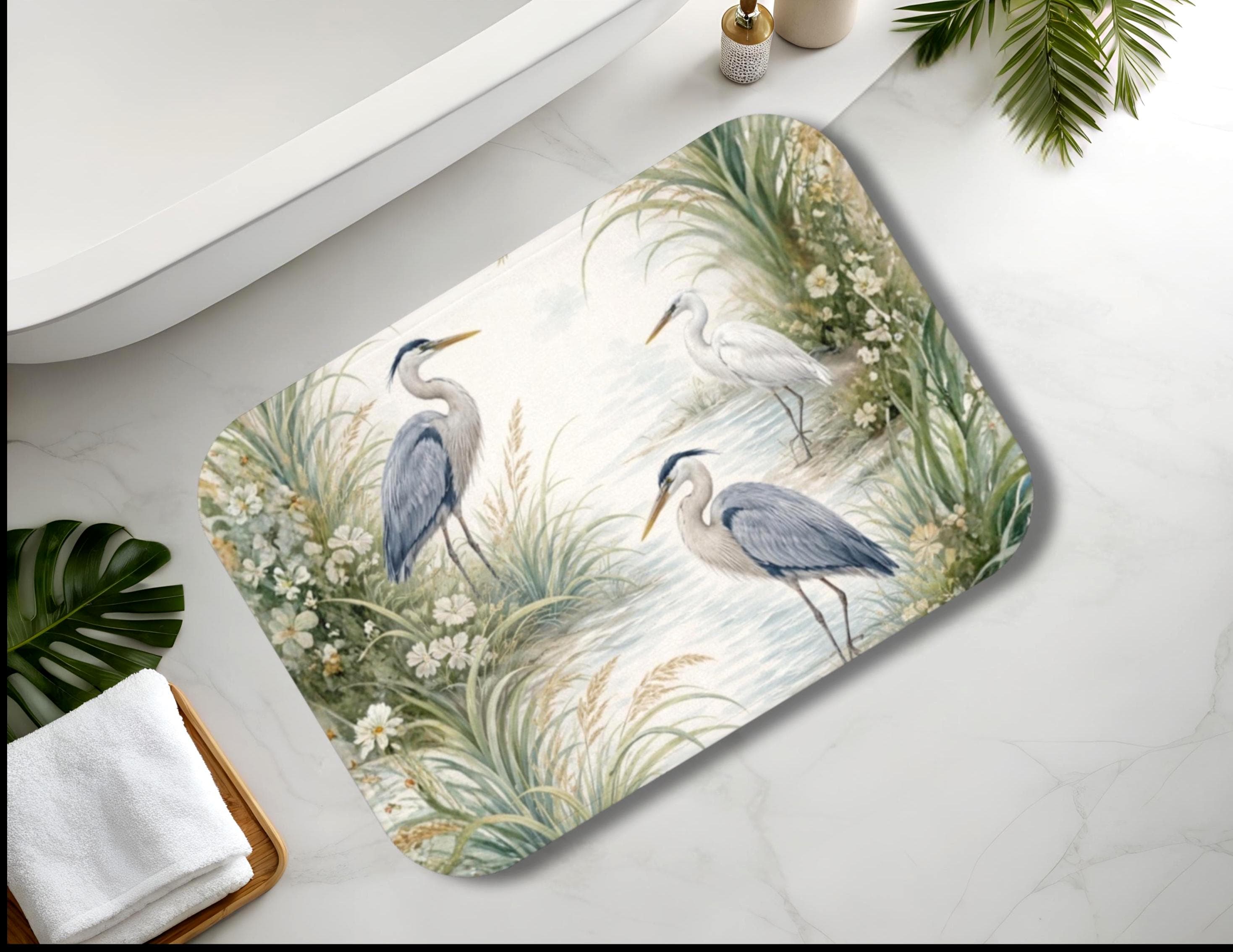 Coastal Bird Bath Mat, Soft Memory Foam Bathroom Rug, Serene Marsh