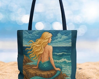 Sac fourre-tout bohème à broderie sirène, sac de vacances à la plage, imprimé sirène matelassé, sac de plage pour les amateurs de sirènes, cadeau de vacances, sirène