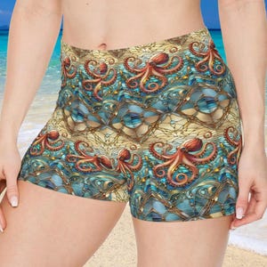Octopus Women's Shorts, Stained Glass Design, Yoga Workout Gym Running Boating Beach Vacation, Cute Booty Shorts, Short shorts, beach vibes