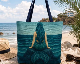 Sac fourre-tout sirène sac de plage côtier inspiré de l'océan, sac à provisions nautique cadeau pour elle, grand petit sac de tous les jours, cadeau pour les amoureux de l'océan