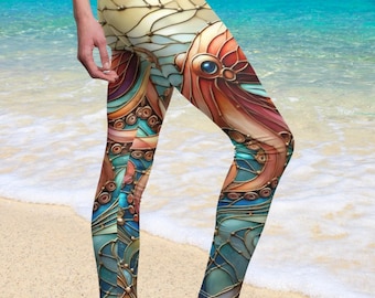 Women&#39;s Leggings, Stained Glass Octopus Design, Yoga/Running/Fishing Aesthetics, Beach Walking, Gift for Her, Biking leggings, beach legging