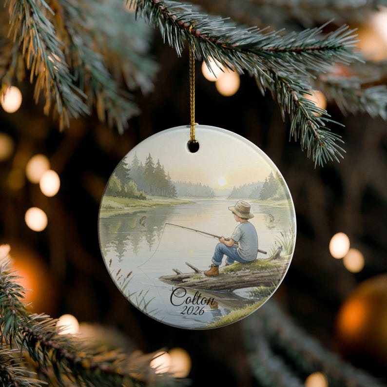 Personalized Boy Fishing Ornament, Custom Kids Fishing Christmas Gift, Ceramic Fisherman Keepsake, Child Ornament 2025, Stocking Stuffer image 9