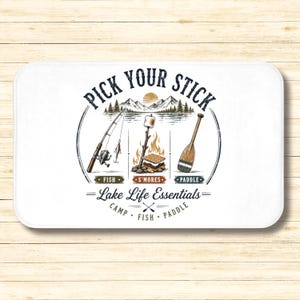 Alfombra de baño con diseño de vida lacustre, alfombra de baño con diseño de remo para acampar y pescar, alfombra blanca para casa de lago, decoración para cabaña o casa de lago, alfombra de baño rústica.