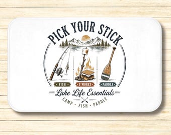 Alfombra de baño con diseño de vida lacustre, alfombra de baño con diseño de remo para acampar y pescar, alfombra blanca para casa de lago, decoración para cabaña o casa de lago, alfombra de baño rústica.