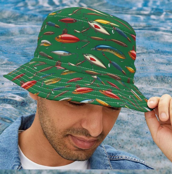 Vintage Fishing Lure Bucket Hat, Fisher Gift Camping