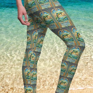 Dolphin Yoga Leggings, Beach Workout Pants, Stained Glass Activewear, Running Tights, Dolphin Lover Gift, Coastal Gym Leggings for Her