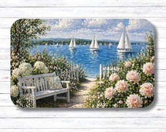 Coastal Bath Mat Hydrangea Sailboat Design, Beach House Bathroom Rug, Nautical Blue White Decor, Ocean Garden Bath Rug, Seaside Home