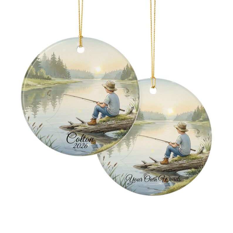 Personalized Boy Fishing Ornament, Custom Kids Fishing Christmas Gift, Ceramic Fisherman Keepsake, Child Ornament 2025, Stocking Stuffer image 7