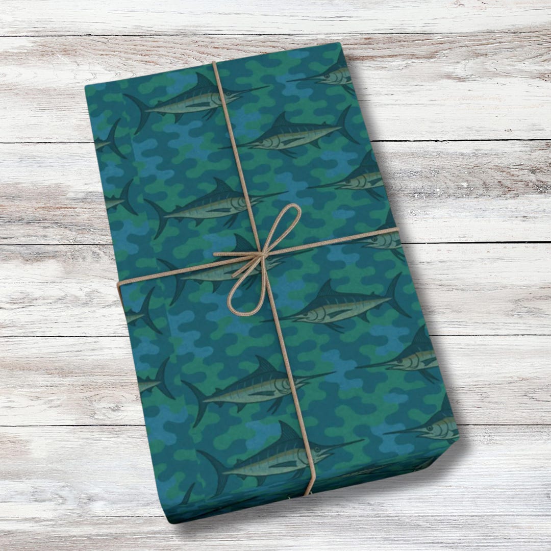 Marlin Wrapping Paper Fishing Gift Wrap, Green Camo Nautical Paper for ...
