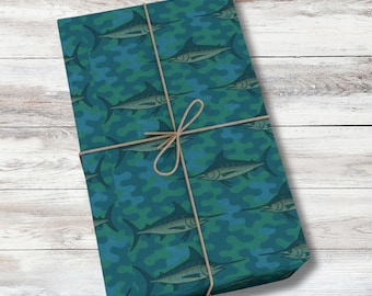 Papel de regalo para pesca de marlín, papel náutico de camuflaje verde para pescadores, papel de regalo de cumpleaños para exteriores para hombres.