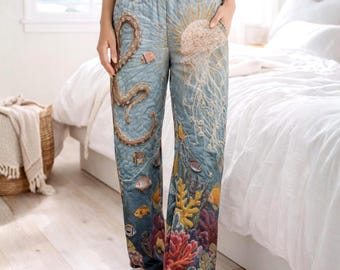 Spodnie piżamowe Octopus, damskie, nadmorskie, plażowe, koralowe, kąpielowe, plażowe, spodnie piżamowe w stylu marynistycznym