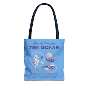Friedliches Leben am Meer Einkaufstasche, Küstenmuschel-Design-Inspirationszitat, Beachy Girl Geschenk für Angeln & Meeresliebhaber, Strandtasche