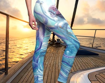 Mermaid Ocean Leggings Women Mid Rise, Coastal Yoga Pants, Nautical Activewear, Sea Life Workout Leggings, Beach Style Athletic Pants