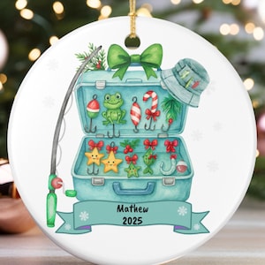 Personalized Fishing Tackle Box Christmas Ornament – 2025 Cute Watercolor Fisherman Gift, Kids Holiday Tree Decor, Custom Fishing Ornament