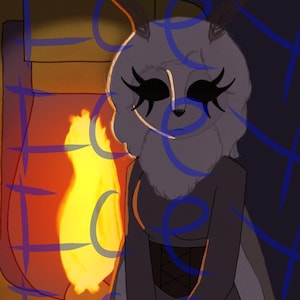 May include: A digital illustration of a moth-like character with fluffy white fur, dark eyes, and antennae, standing beside a glowing orange lantern. The character wears a dark garment with a corset-style waist detail against a dark background.