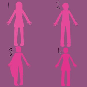 Peut inclure: Quatre silhouettes roses de personnes sur un fond violet. Chaque personnage a les bras tendus et est numéroté. Les personnages portent différentes tenues, dont une robe, un sweat à capuche et un manteau.
