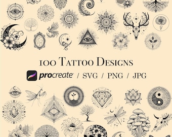 100 Tattoo Designs – Procreate Stamps, SVG, PNG & JPG – Digital Art Bundle