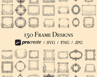 May include: A collection of 150 black and white frame designs for use in Procreate, SVG, PNG, and JPG formats. The frames are various shapes and sizes, including circles, squares, rectangles, and ovals. Some frames have floral designs, while others have geometric patterns.