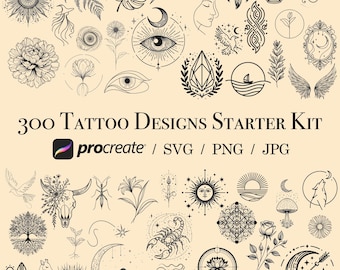 300 Tattoo Designs Starter Kit – Procreate Stamps, SVG, PNG & JPG – Digital Art Bundle