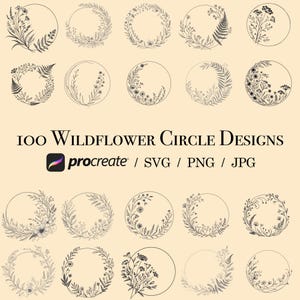 Könnte beinhalten: 100 Schwarzweiß-Designs von Wildblumenkreisen zur Verwendung in Procreate, SVG, PNG und JPG.