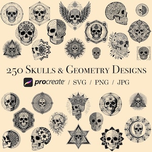 May include: A collection of 250 black and white skull and geometric designs. The designs feature intricate details and are perfect for use in digital art, crafts, and more. The designs are available in Procreate, SVG, PNG, and JPG formats.