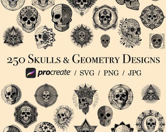 May include: A collection of 250 black and white skull and geometric designs. The designs feature intricate details and are perfect for use in digital art, crafts, and more. The designs are available in Procreate, SVG, PNG, and JPG formats.