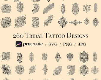 May include: 260 black and white tribal tattoo designs for use in Procreate, SVG, PNG, and JPG formats.