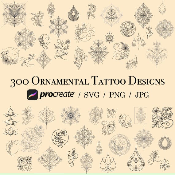 300 Ornamental Tattoo Designs – Procreate Stamps, SVG, PNG & JPG – Digital Art Bundle