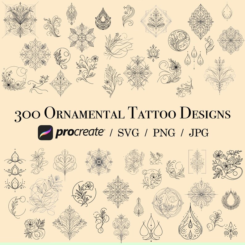 May include: A collection of 300 ornamental tattoo designs in black and white. The designs are intricate and detailed, and they feature a variety of motifs, including flowers, leaves, geometric shapes, and mandalas. The designs are perfect for anyone looking for unique and stylish tattoo inspiration.
