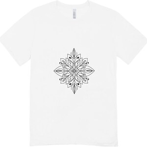 May include: White t-shirt with a black mandala design in the center.