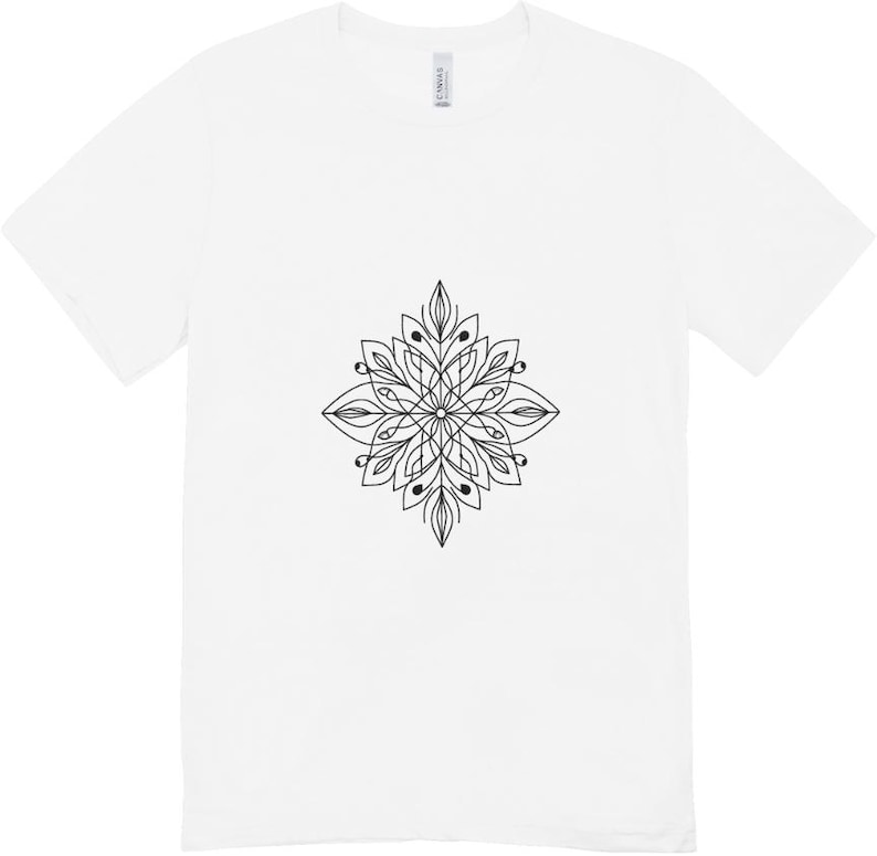 May include: White t-shirt with a black mandala design in the center.