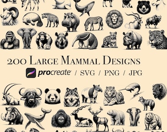 200 Large Mammal Designs – Procreate Stamps, SVG, PNG & JPG – Digital Art Bundle