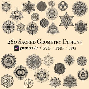 260 Sacred Geometry Designs – Procreate Stamps, SVG, PNG & JPG – Digital Art Bundle