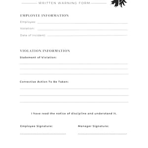 Könnte beinhalten: Ein schwarz-weißes schriftliches Warnformular für Mitarbeiter. Das Formular enthält Abschnitte für Mitarbeiterinformationen, Verstoßinformationen und Korrekturmaßnahmen. Das Formular enthält auch einen Abschnitt für die Unterschriften von Mitarbeitern und Führungskräften.