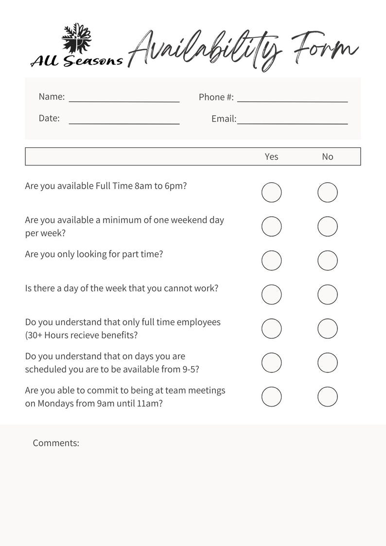 Simple Available Form Employee Availability Form Template | Editable Canva Design | Instant ...